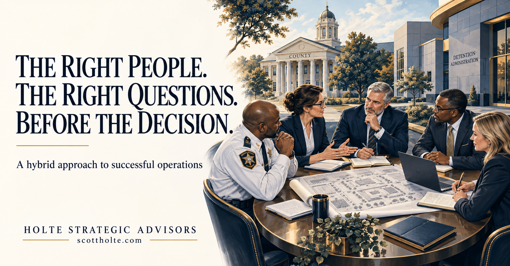 Editorial illustration of agency and county leaders planning together. The right people. The right questions. Before the decision.